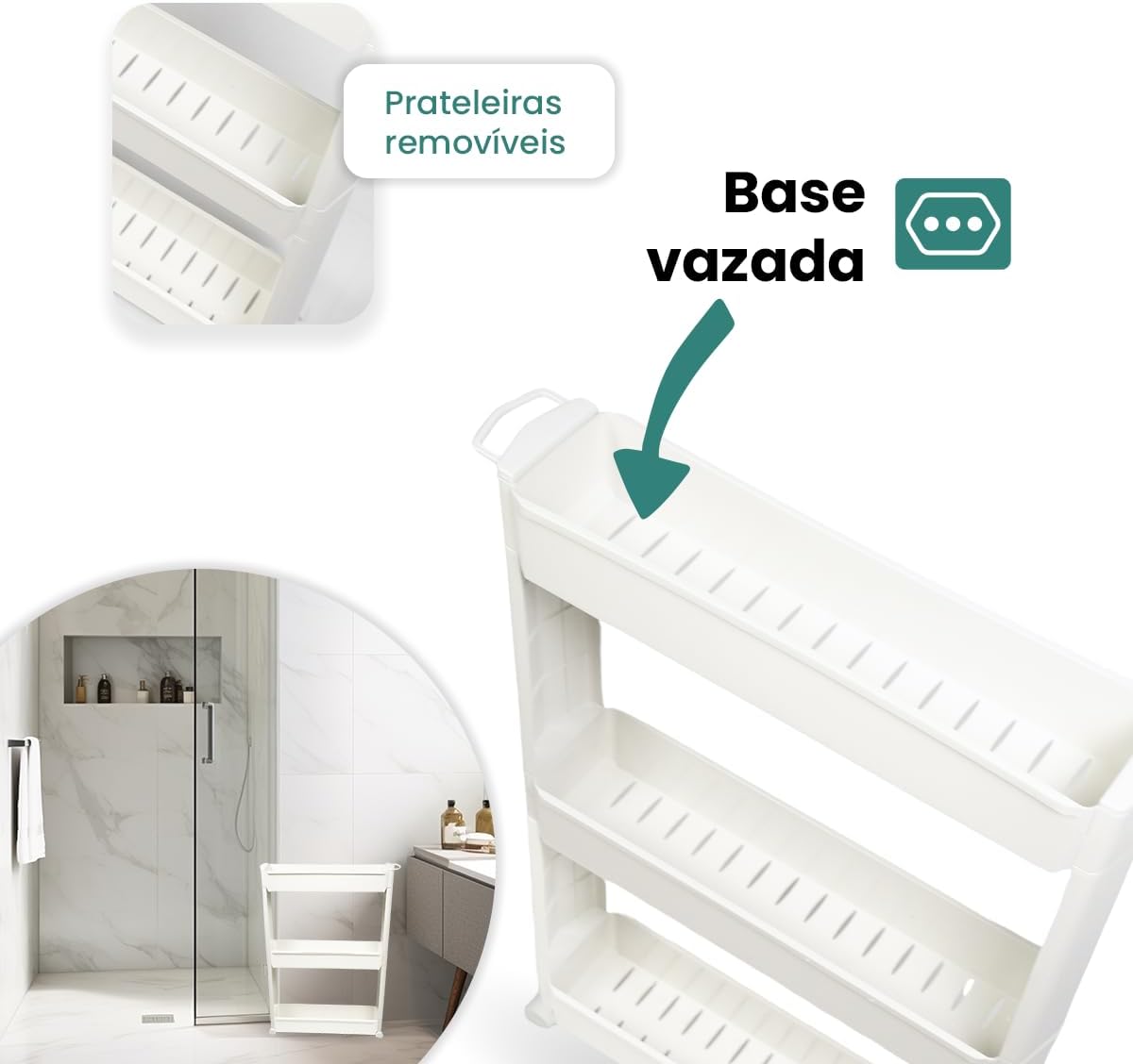 Armário Carrinho Organizador Multiuso com Rodinhas - Banheiro, Lavanderia e Cozinha (Branco) - Imagem 7