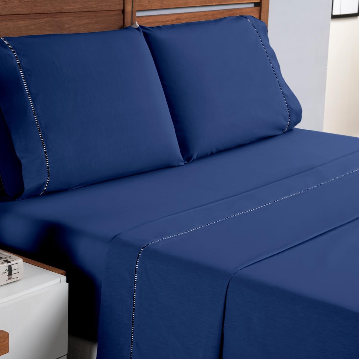 Jogo de Cama Casal Padrão Percal 400 Fios Ponto Palito 4 Peças – Azul - Imagem 2