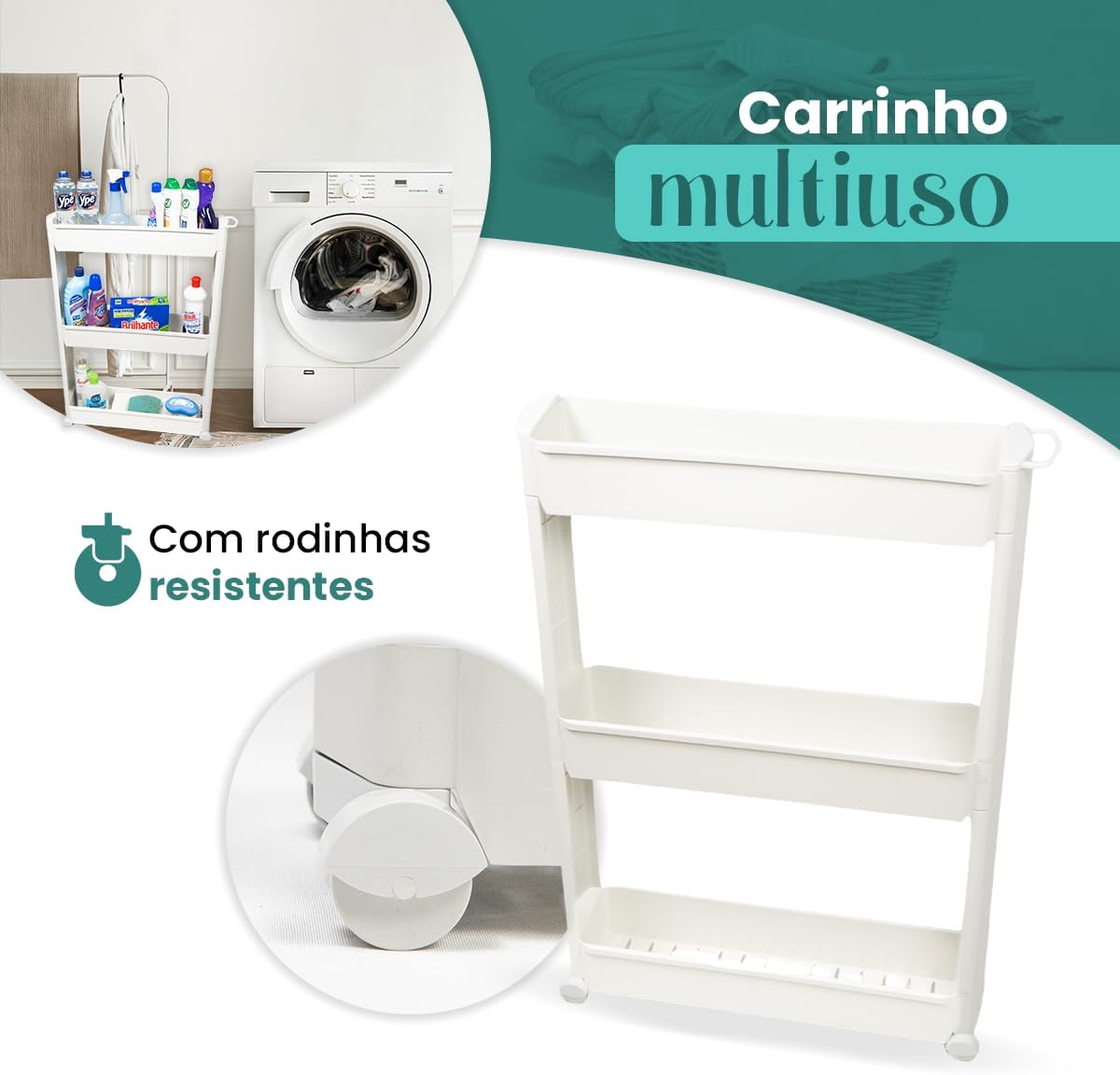 Armário Carrinho Organizador Multiuso com Rodinhas - Banheiro, Lavanderia e Cozinha (Branco) - Imagem 4