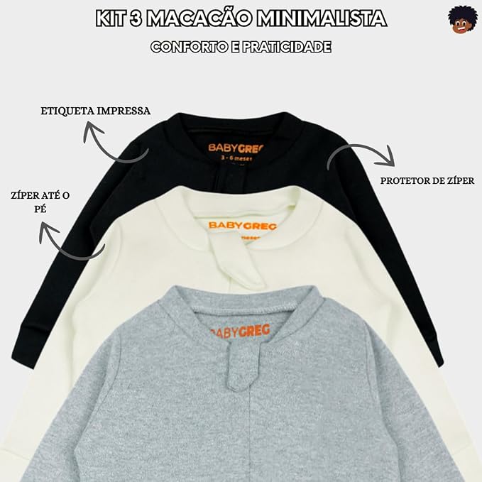 Kit 3 Macacão Minimalista Para Bebês Com Zíper Premium - Baby Greg - Imagem 2