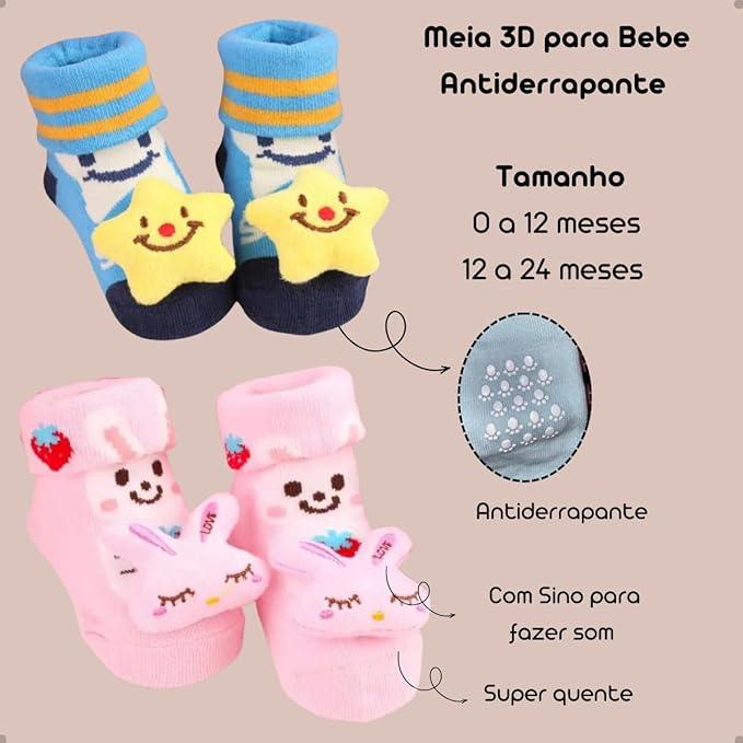 Kit 4 Pares Meias Bebê com Chocalho Pelúcia 3D - 0 a 24 Meses - Imagem 7