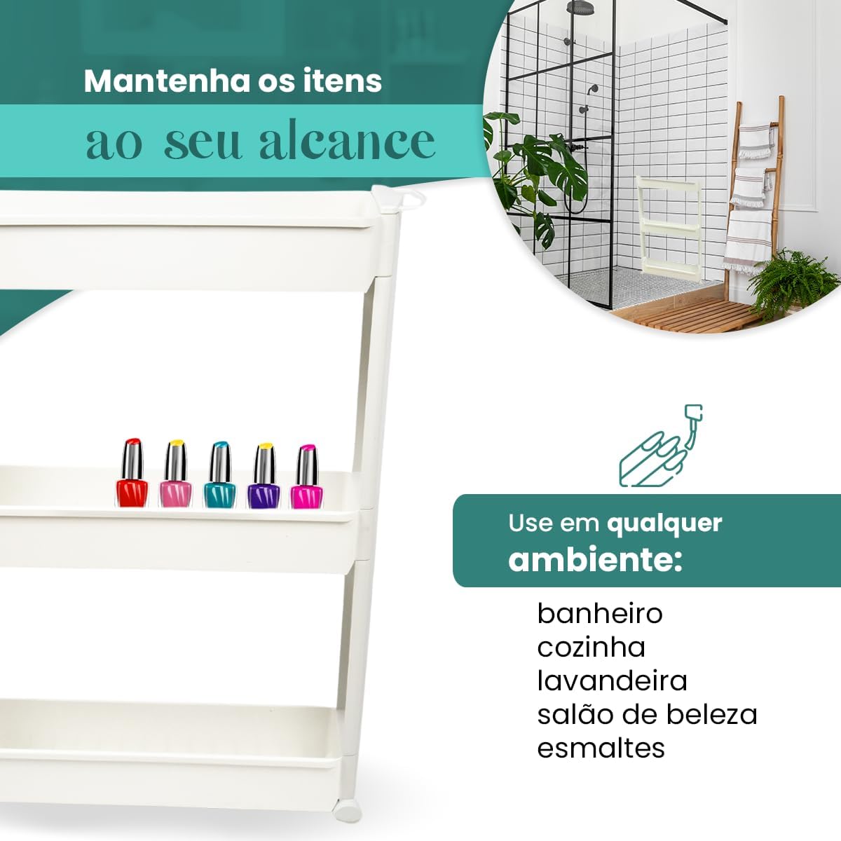 Armário Carrinho Organizador Multiuso com Rodinhas - Banheiro, Lavanderia e Cozinha (Branco) - Imagem 8