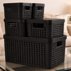 Kit 5 Caixas Organizadoras com Tampa Plástico Resistente Multiuso - Armário, Cozinha e Lavanderia