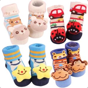 Kit 4 Pares Meias Bebê com Chocalho Pelúcia 3D - 0 a 24 Meses