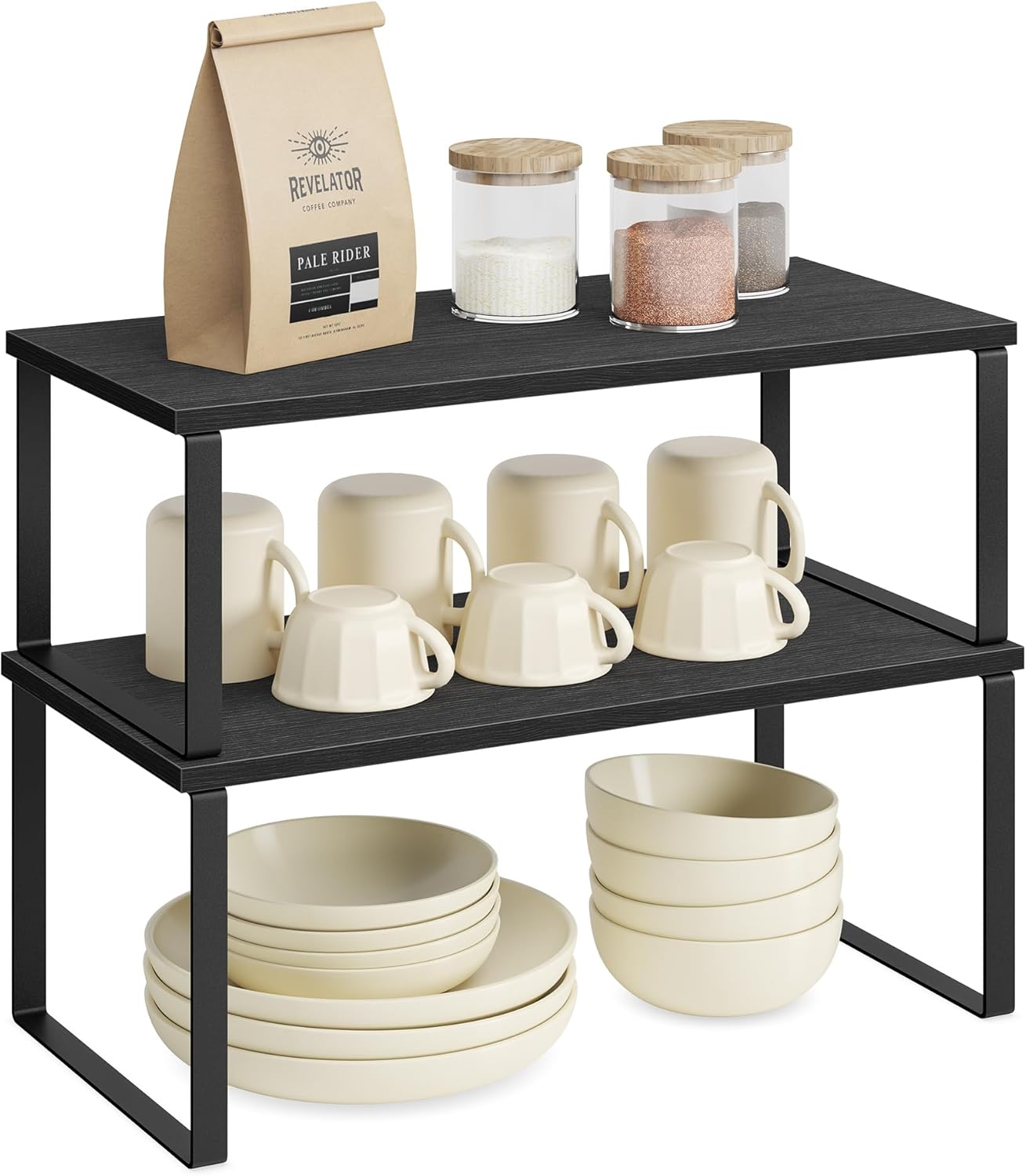SONGMICS Organizador de Temperos - Kit com 2 Prateleiras Expansíveis e Empilháveis em Metal e Madeira
