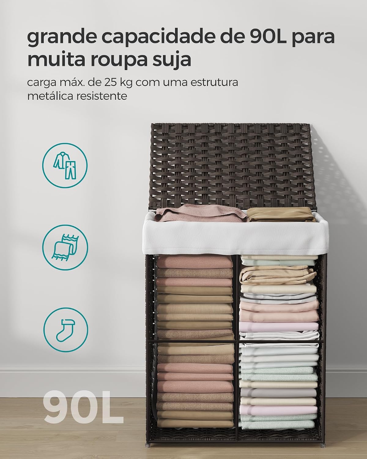 SONGMICS Cesto de Roupa Suja de Vime Sintético 90L com Tampa e Saco Removível - Coleção ELIOTT - Imagem 4