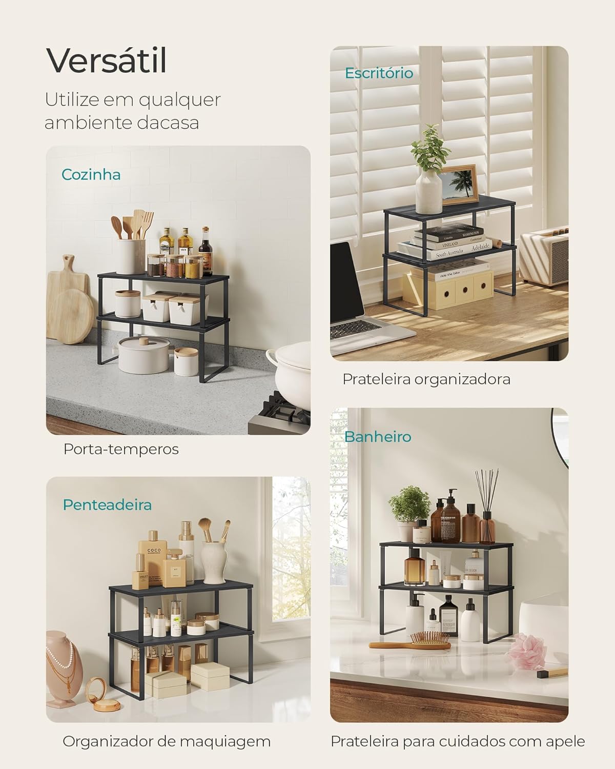 SONGMICS Organizador de Temperos - Kit com 2 Prateleiras Expansíveis e Empilháveis em Metal e Madeira - Imagem 5