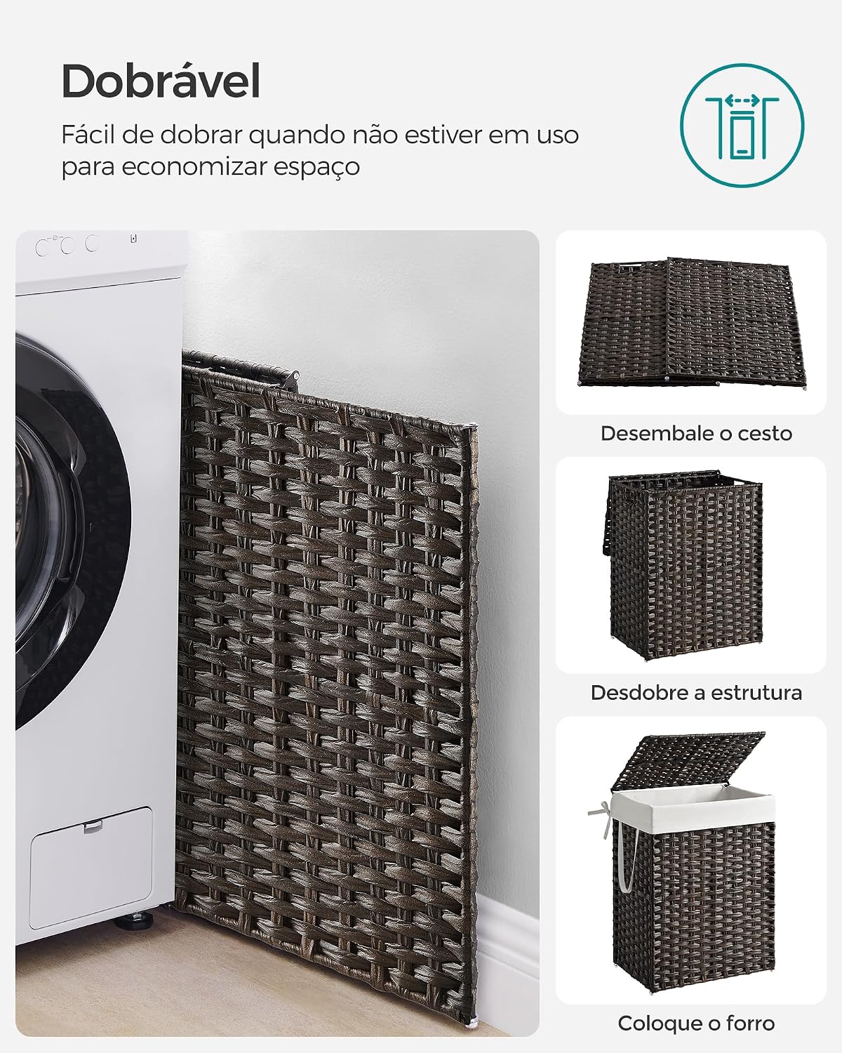 SONGMICS Cesto de Roupa Suja de Vime Sintético 90L com Tampa e Saco Removível - Coleção ELIOTT - Imagem 5