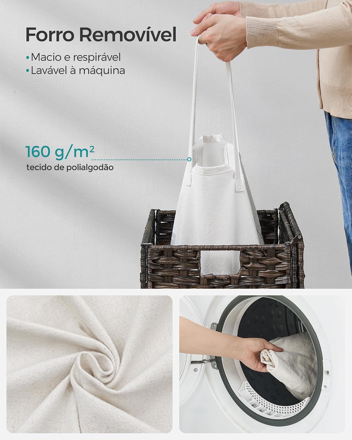SONGMICS Cesto de Roupa Suja de Vime Sintético 90L com Tampa e Saco Removível - Coleção ELIOTT - Imagem 6